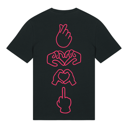 Black unisex t-shirt featuring neon line-art middle finger graphic, short sleeve, part of the Generational Love series, Neon Red puff print