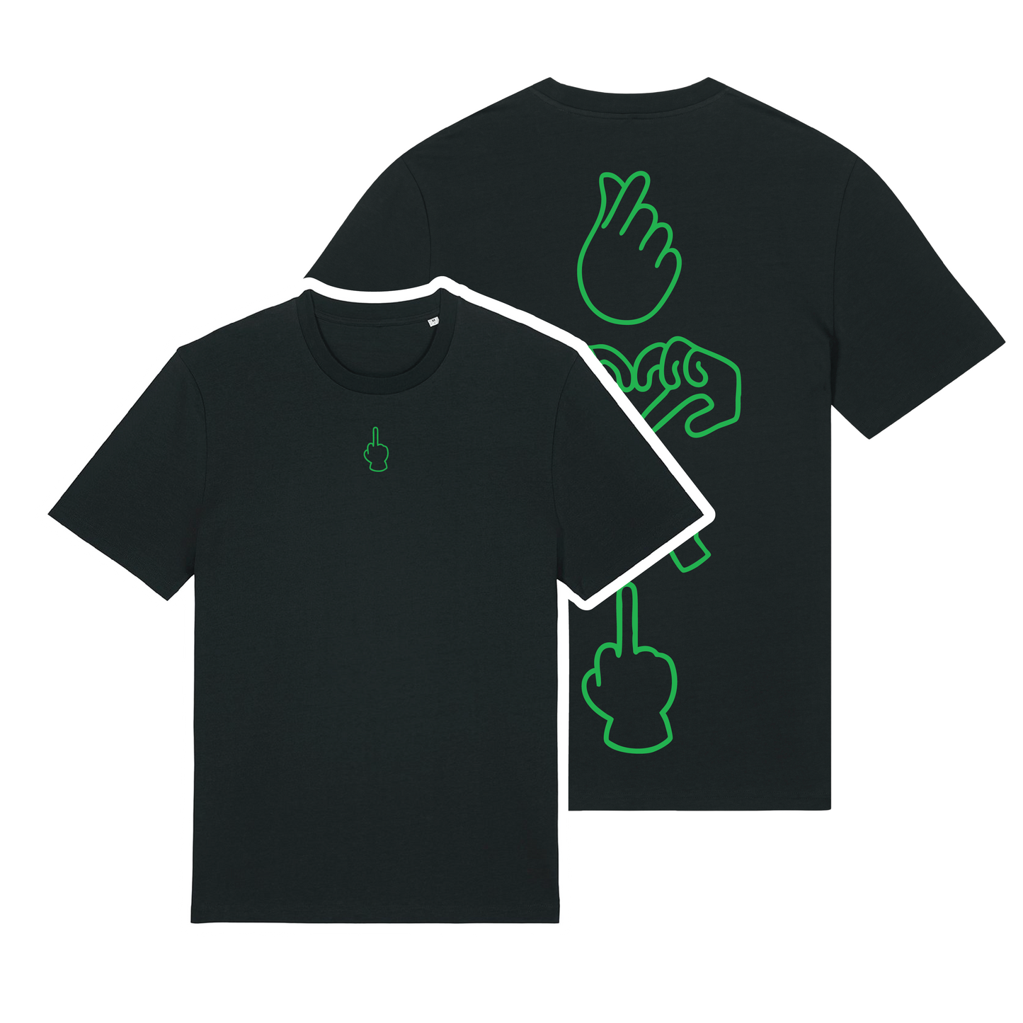 Black unisex t-shirt featuring neon line-art middle finger graphic, short sleeve, part of the Generational Love series, Neon green puff print