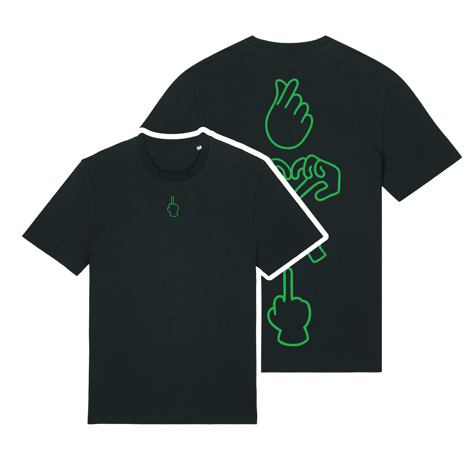 Black unisex t-shirt featuring neon line-art middle finger graphic, short sleeve, part of the Generational Love series, Neon green puff print