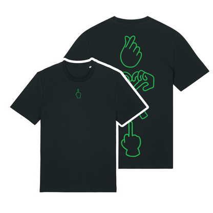 Black unisex t-shirt featuring neon line-art middle finger graphic, short sleeve, part of the Generational Love series, Neon green puff print