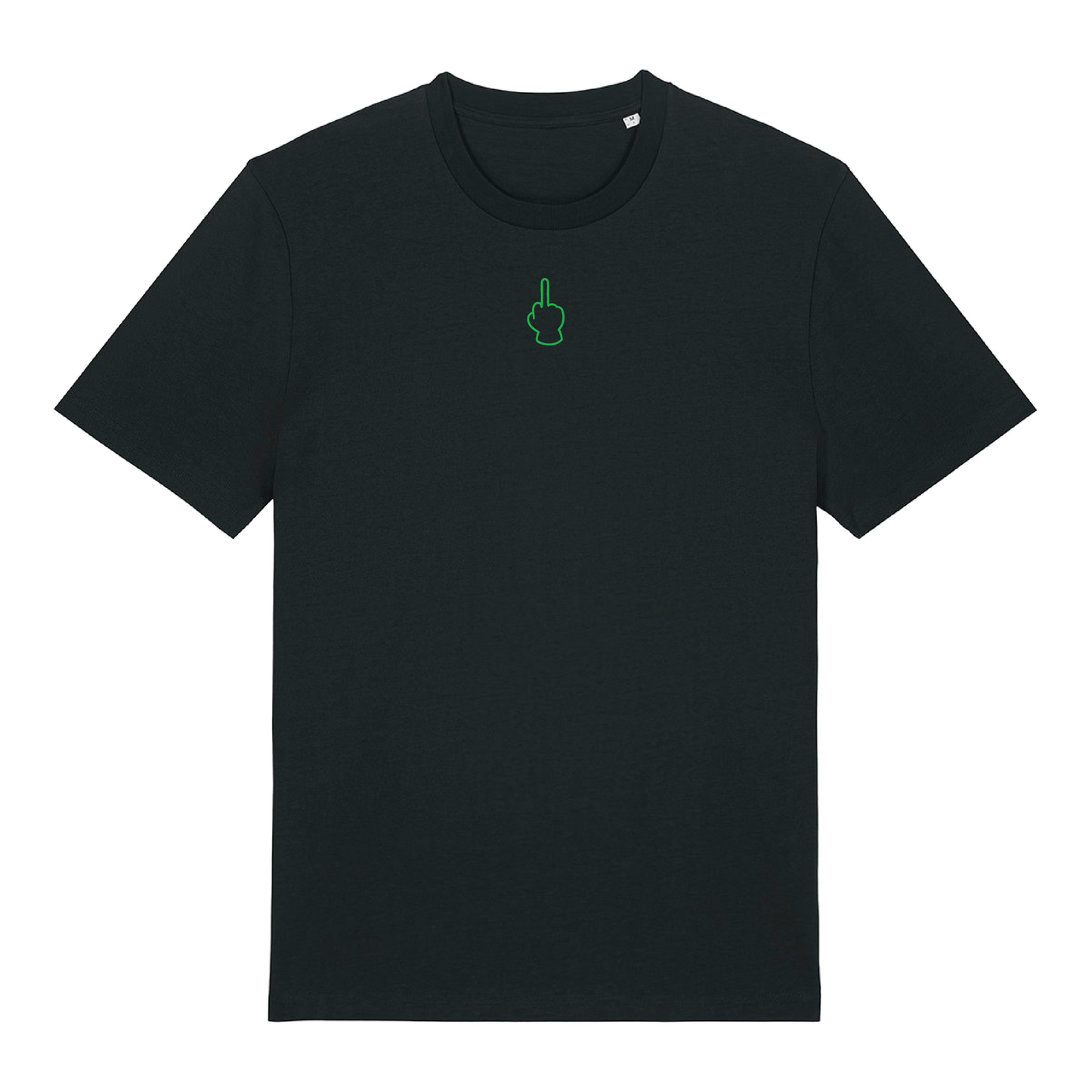 Black unisex t-shirt featuring neon line-art middle finger graphic, short sleeve, part of the Generational Love series, Neon green puff print