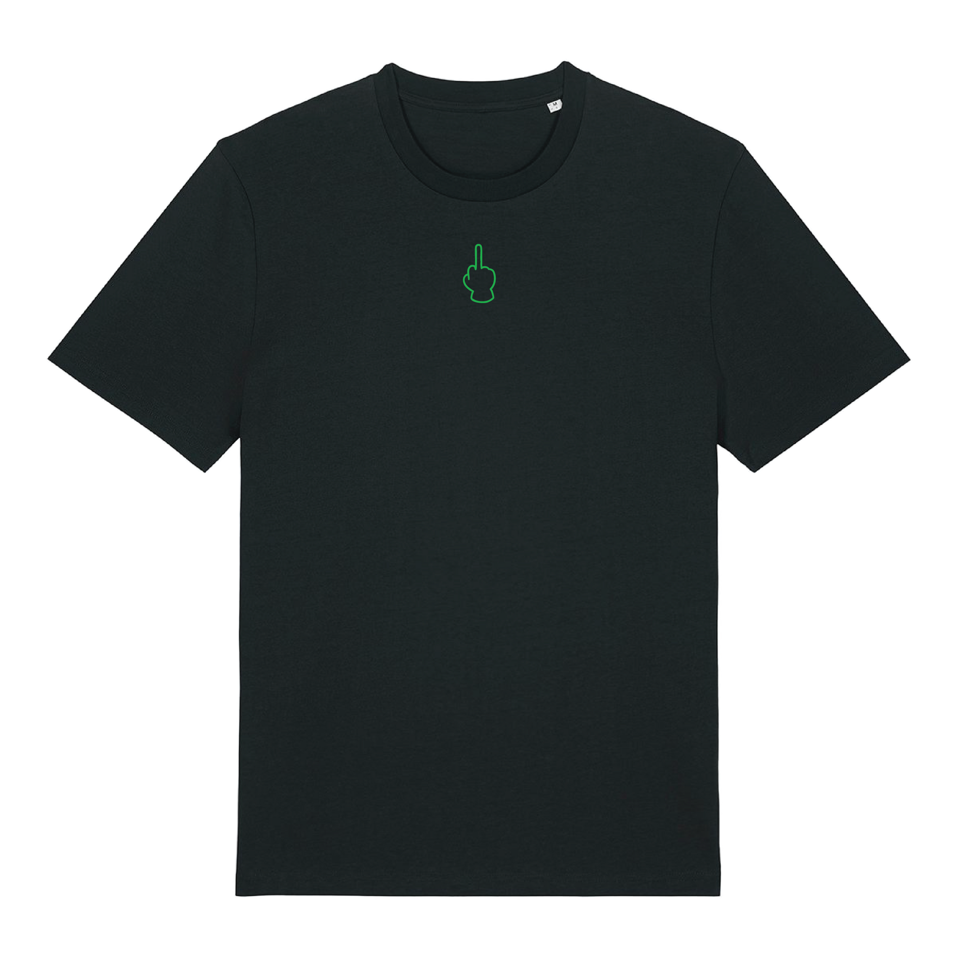 Black unisex t-shirt featuring neon line-art middle finger graphic, short sleeve, part of the Generational Love series, Neon green puff print
