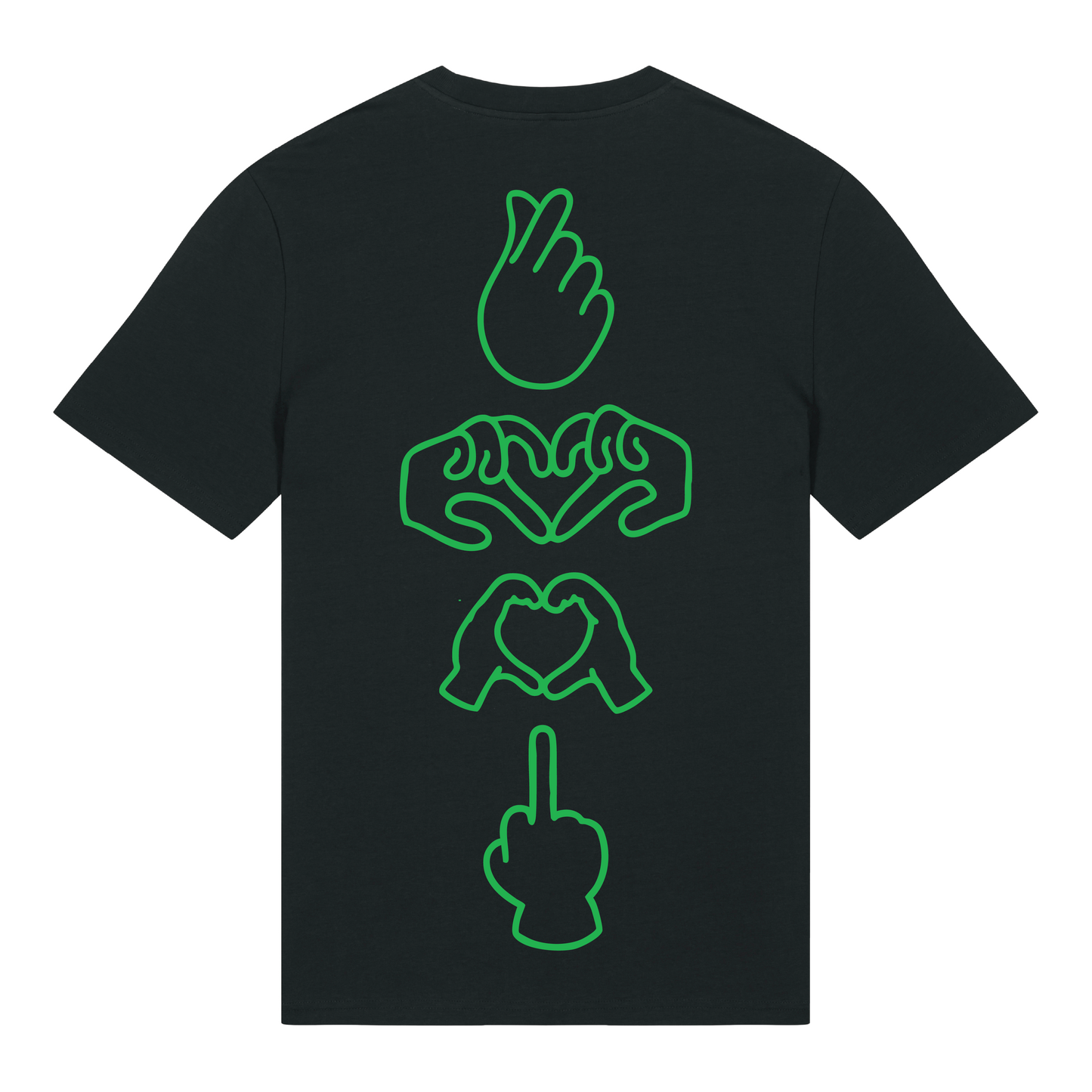 Black unisex t-shirt featuring neon line-art middle finger graphic, short sleeve, part of the Generational Love series, Neon green puff print