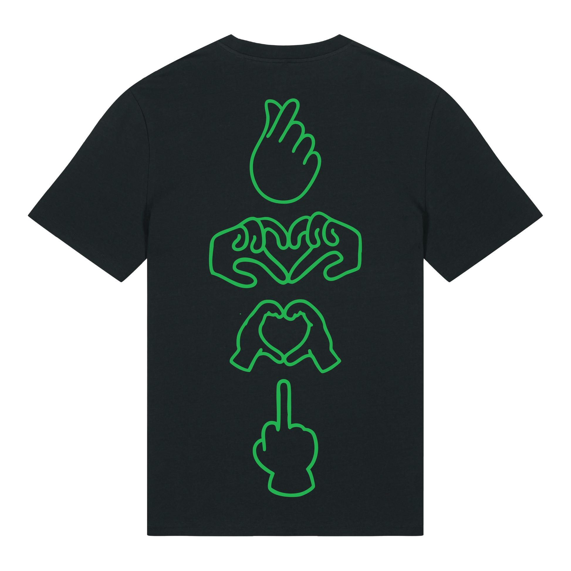 Black unisex t-shirt featuring neon line-art middle finger graphic, short sleeve, part of the Generational Love series, Neon green puff print