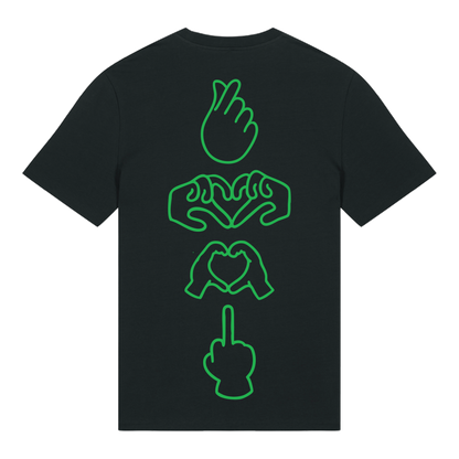 Black unisex t-shirt featuring neon line-art middle finger graphic, short sleeve, part of the Generational Love series, Neon green puff print