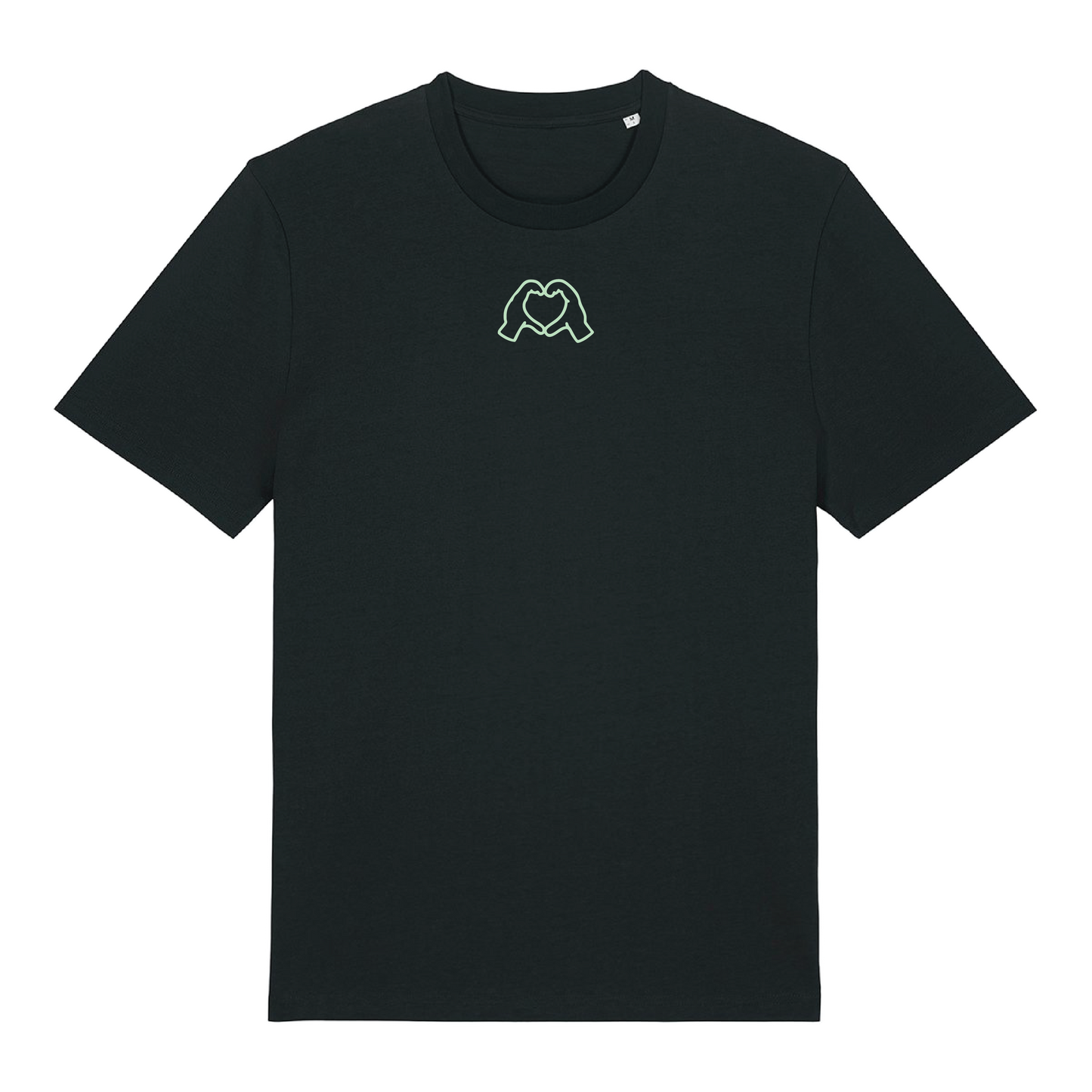 Black t-shirt with neon hand graphics in heart shapes symbolising Millennial identity, soft cotton, gender-neutral design with glow in the dark embroidery front & rainbow foil on back