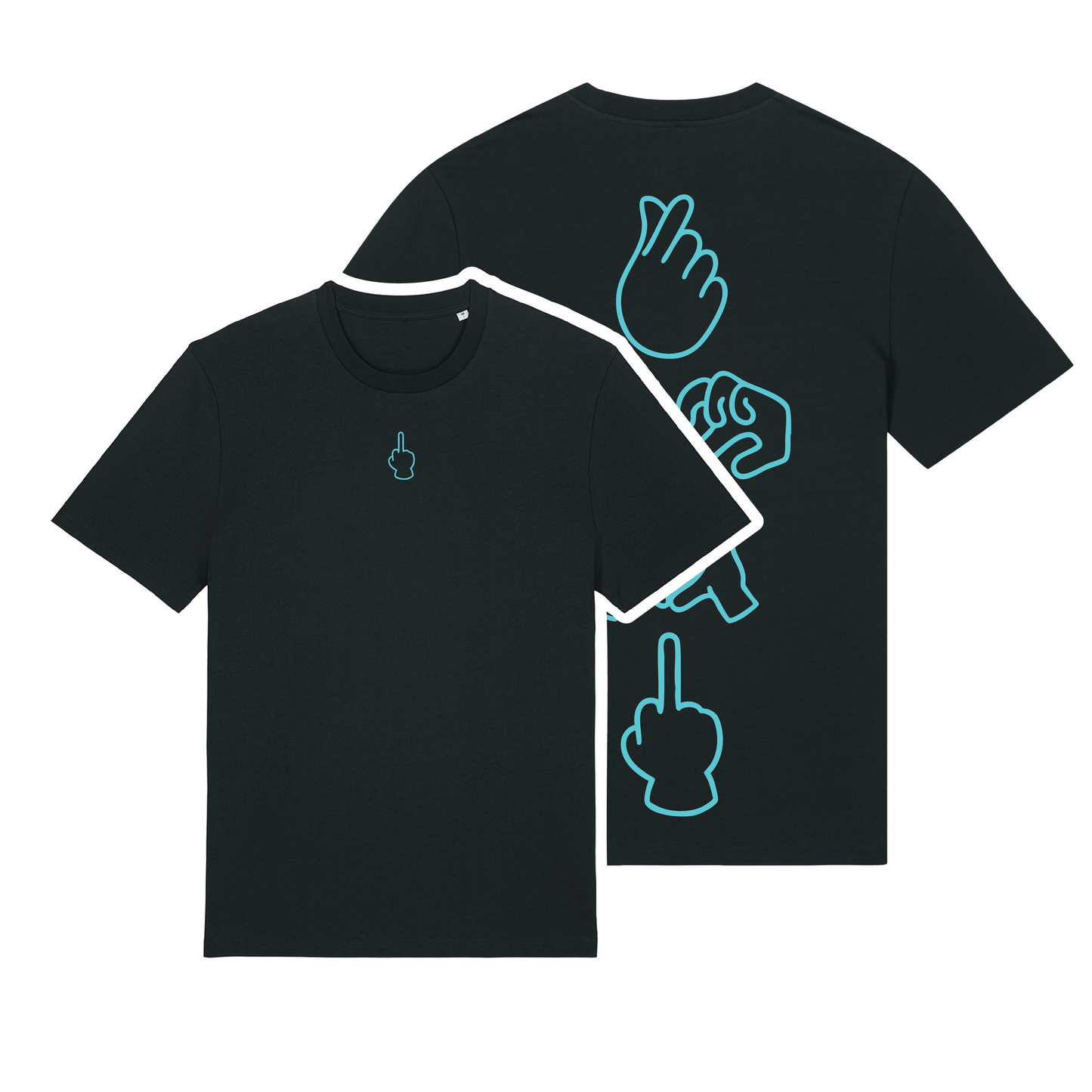 Black unisex t-shirt featuring neon line-art middle finger graphic, short sleeve, part of the Generational Love series, Neon blue puff print