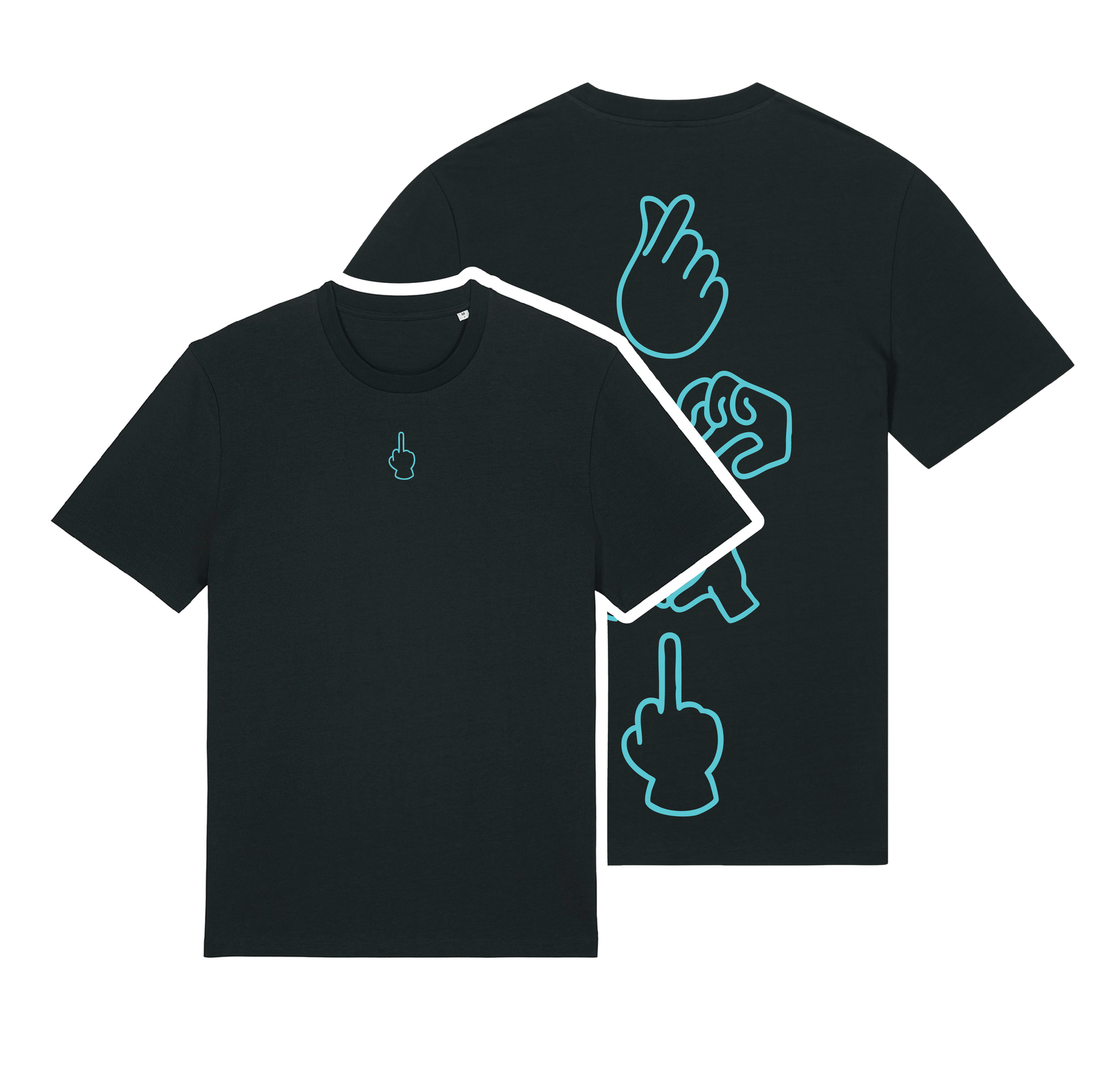 Black unisex t-shirt featuring neon line-art middle finger graphic, short sleeve, part of the Generational Love series, Neon blue puff print