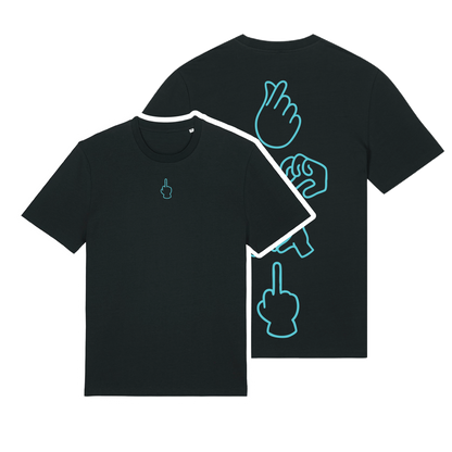 Black unisex t-shirt featuring neon line-art middle finger graphic, short sleeve, part of the Generational Love series, Neon blue puff print