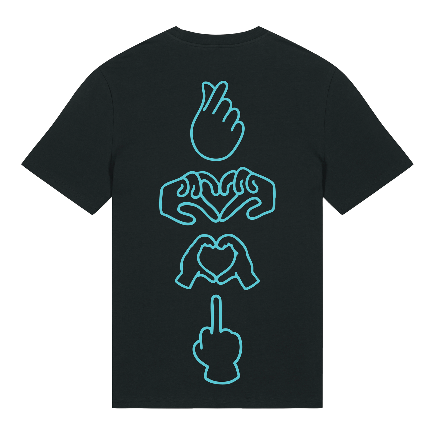 Black unisex t-shirt featuring neon line-art middle finger graphic, short sleeve, part of the Generational Love series, Neon blue puff print