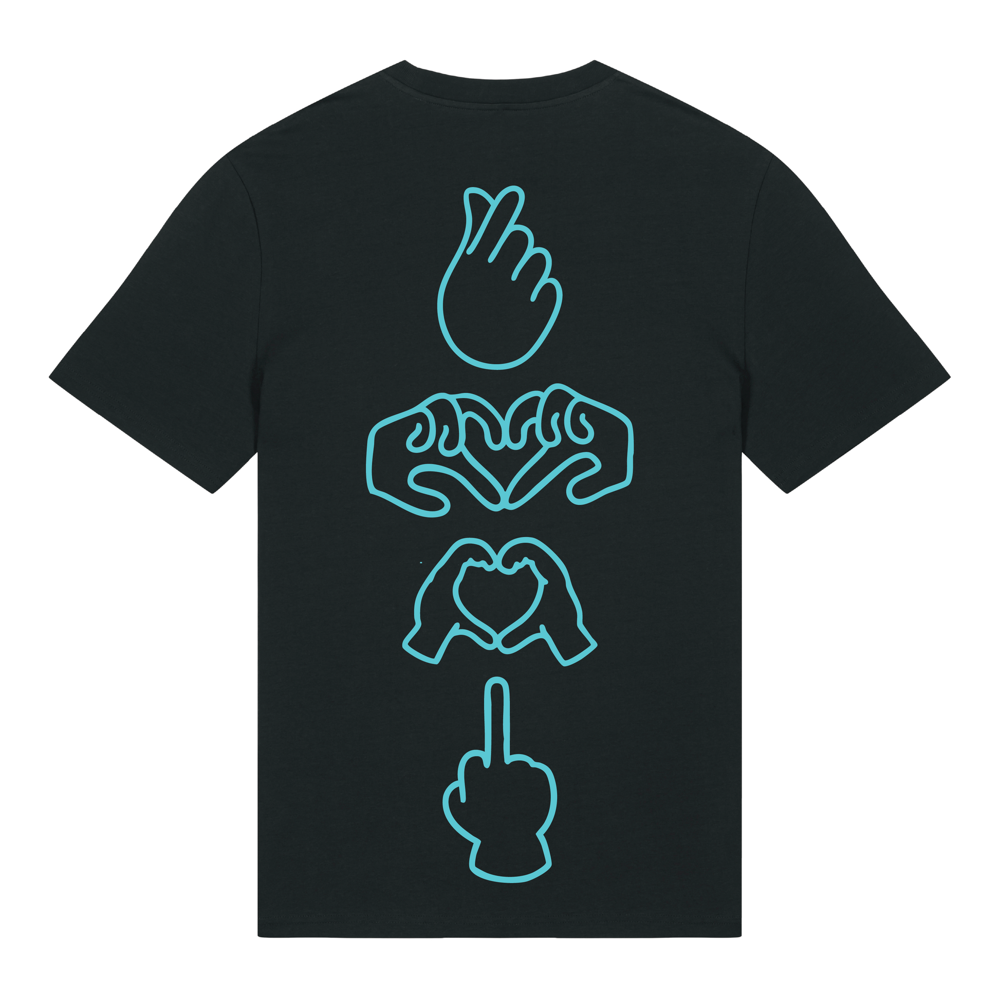 Black unisex t-shirt featuring neon line-art middle finger graphic, short sleeve, part of the Generational Love series, Neon blue puff print