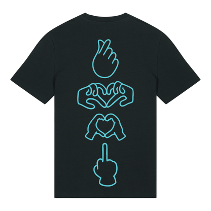 Black unisex t-shirt featuring neon line-art middle finger graphic, short sleeve, part of the Generational Love series, Neon blue puff print