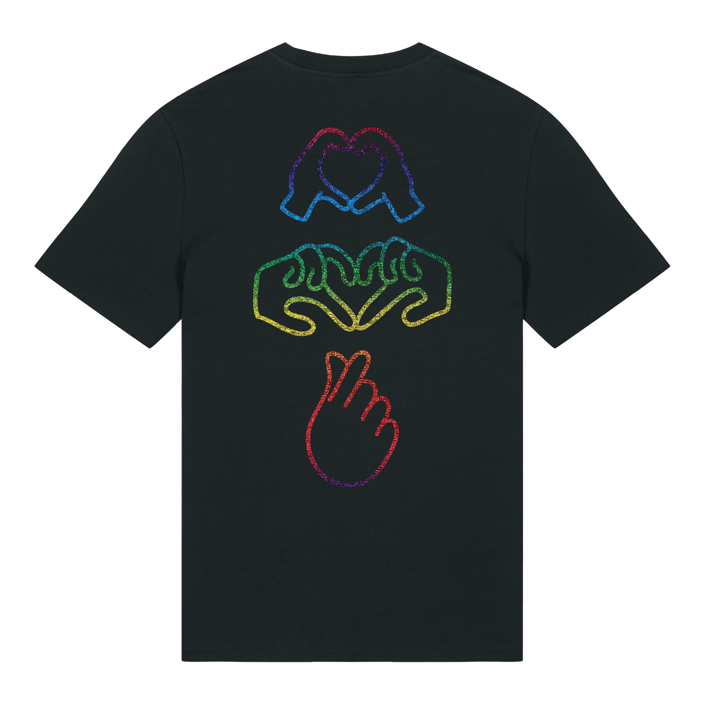Black t-shirt with neon hand graphics in heart shapes symbolising Millennial identity, soft cotton, gender-neutral design with glow in the dark embroidery front & rainbow foil on back