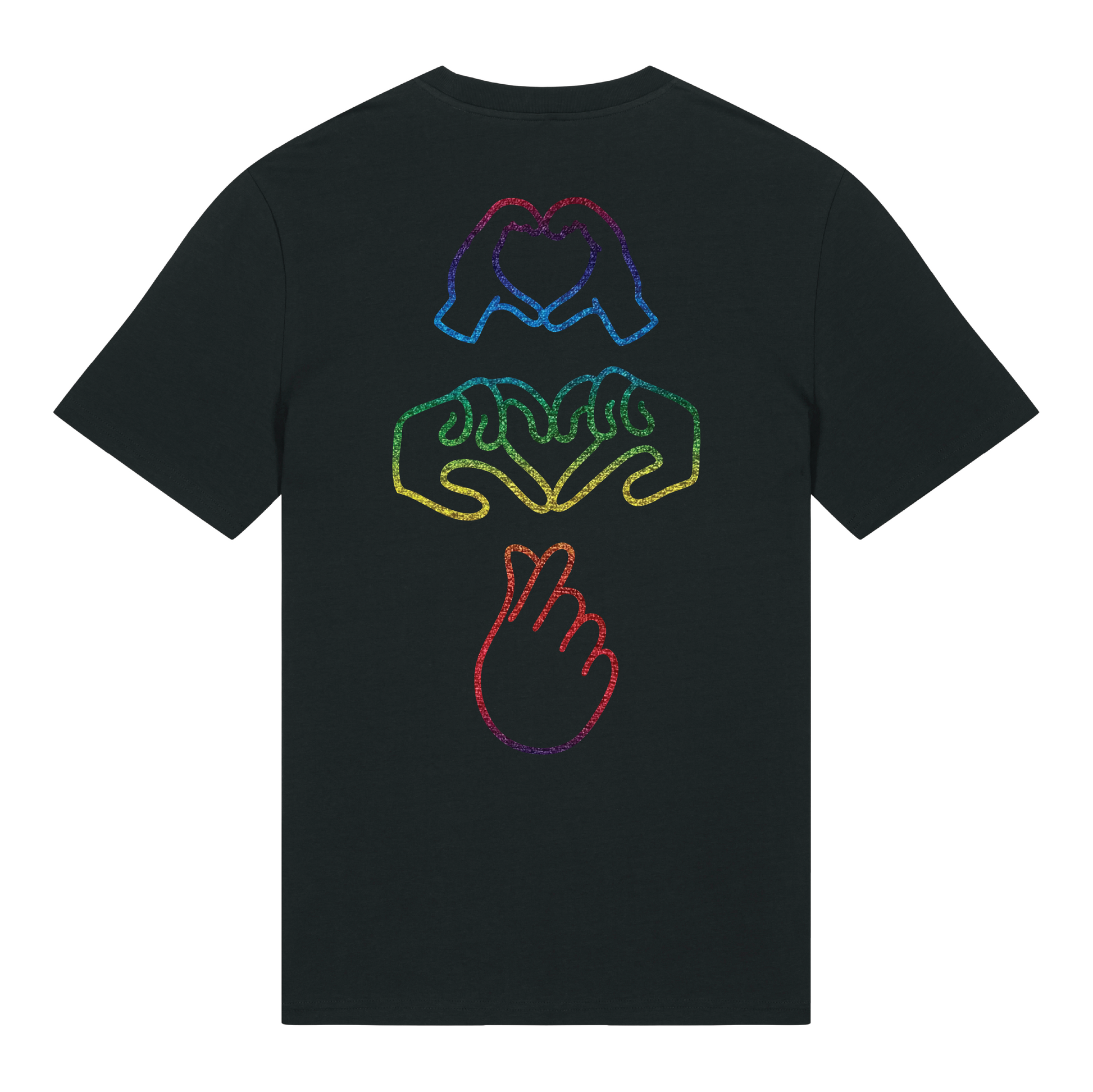 Black t-shirt with neon hand graphics in heart shapes symbolising Millennial identity, soft cotton, gender-neutral design with glow in the dark embroidery front & rainbow foil on back