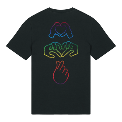Black t-shirt with neon hand graphics in heart shapes symbolising Millennial identity, soft cotton, gender-neutral design with glow in the dark embroidery front & rainbow foil on back