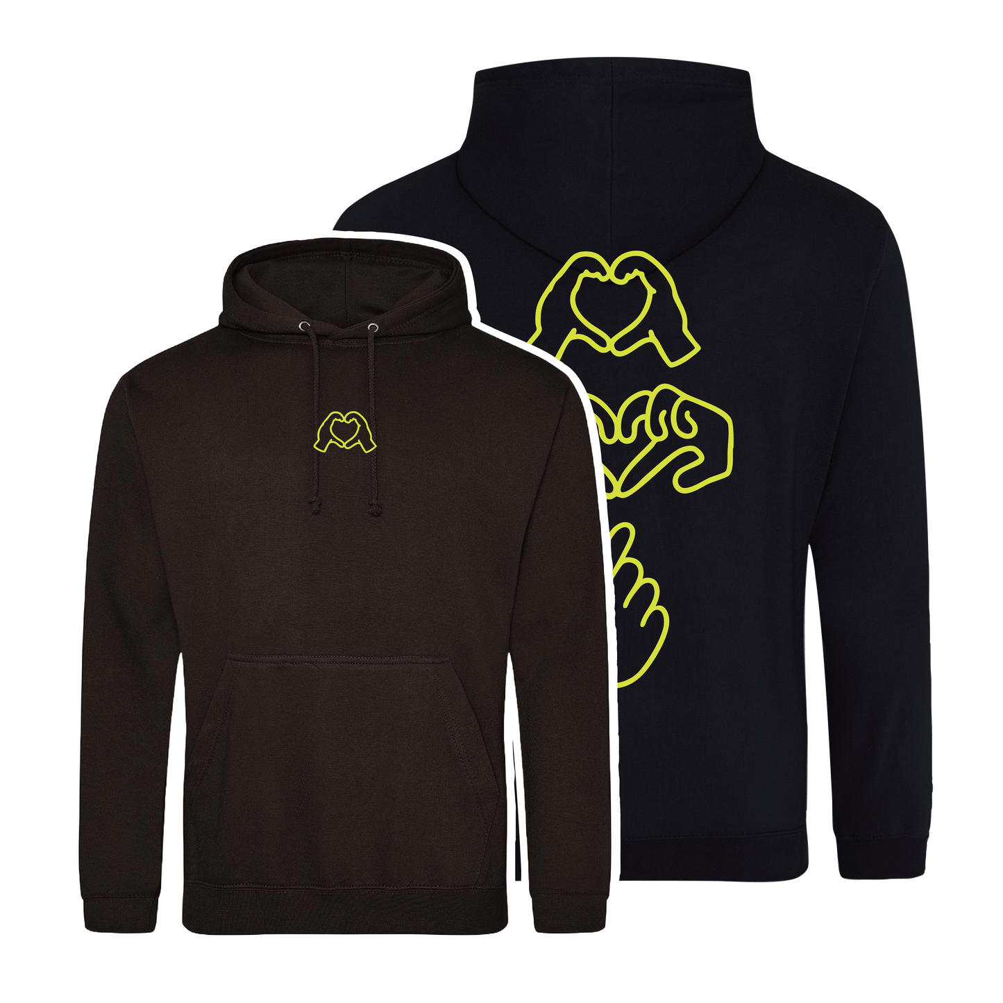 black hoodie with Millennial hand graphics, neon yellow puff line-art print , relaxed fit, streetwear vibe