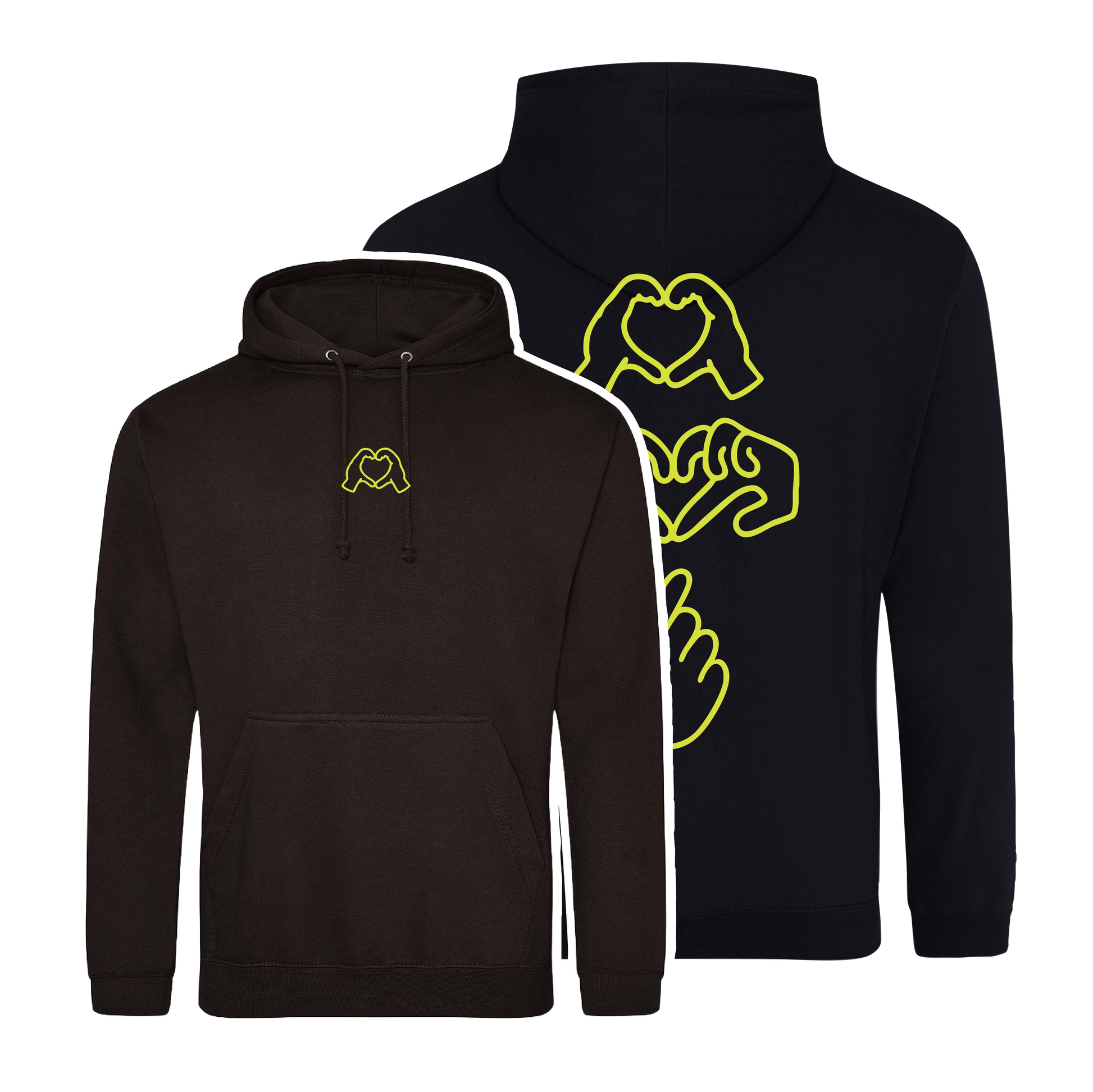 black hoodie with Millennial hand graphics, neon yellow puff line-art print , relaxed fit, streetwear vibe