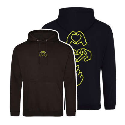 black hoodie with Millennial hand graphics, neon yellow puff line-art print , relaxed fit, streetwear vibe
