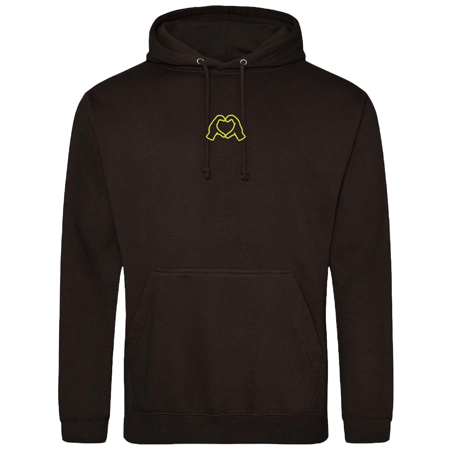black hoodie with Millennial hand graphics, neon yellow puff line-art print , relaxed fit, streetwear vibe