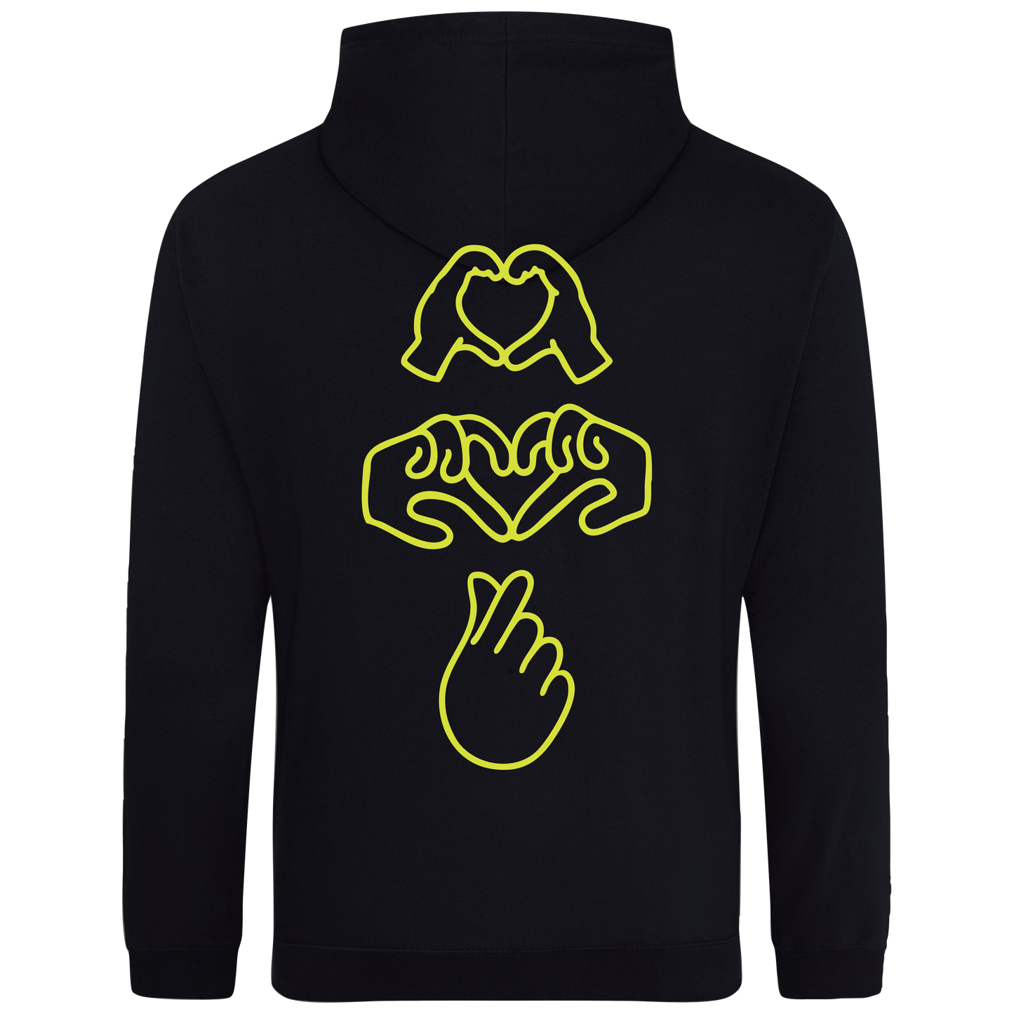 black hoodie with Millennial hand graphics, neon yellow puff line-art print , relaxed fit, streetwear vibe