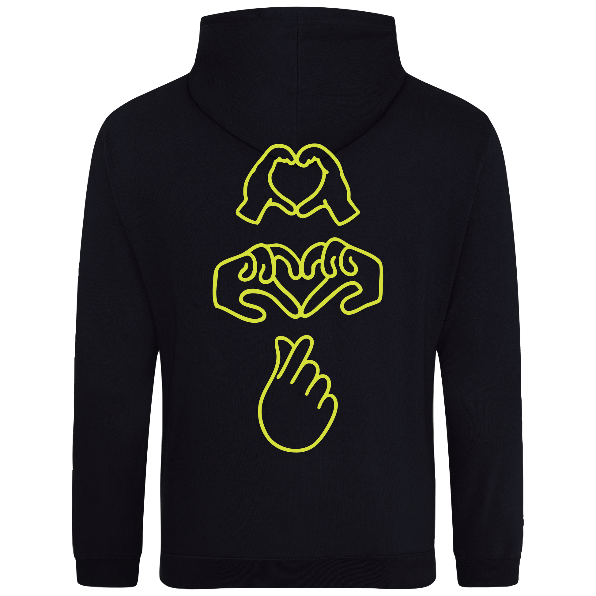 black hoodie with Millennial hand graphics, neon yellow puff line-art print , relaxed fit, streetwear vibe