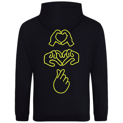black hoodie with Millennial hand graphics, neon yellow puff line-art print , relaxed fit, streetwear vibe