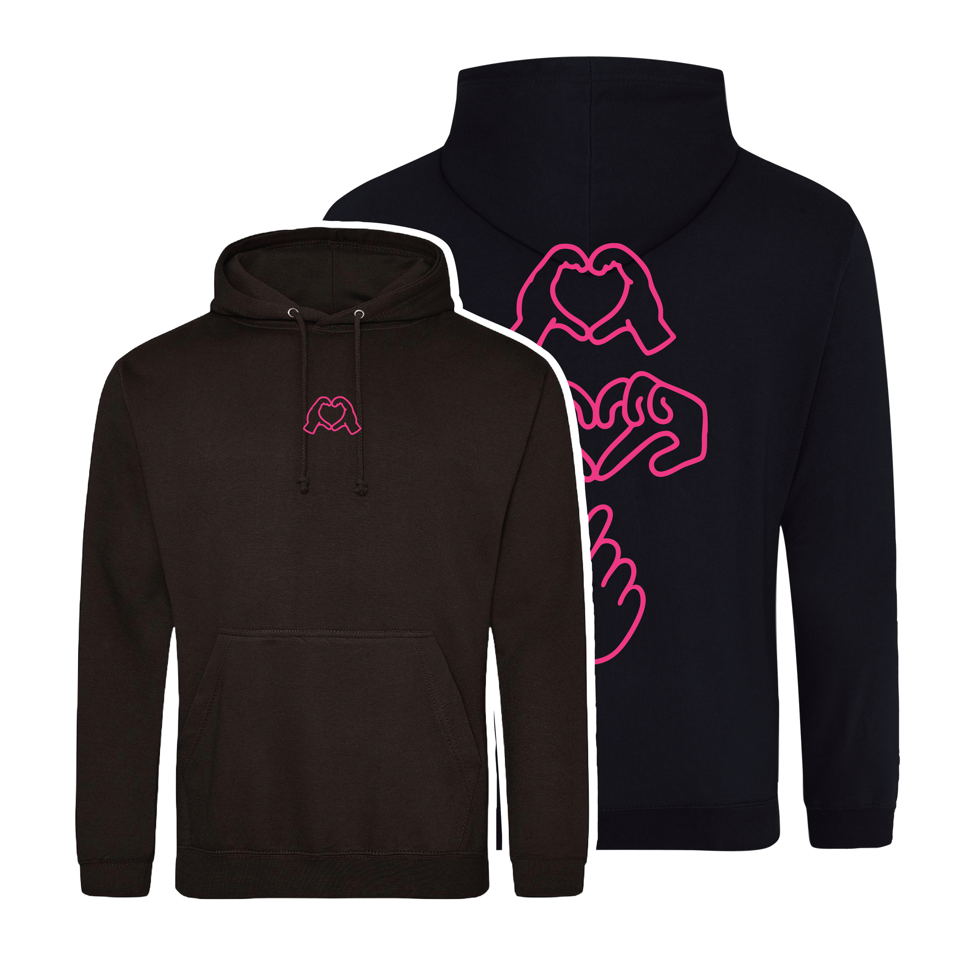 black hoodie with Millennial hand graphics, neon pink puff line-art print , relaxed fit, streetwear vibe