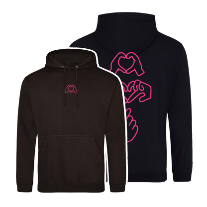 black hoodie with Millennial hand graphics, neon pink puff line-art print , relaxed fit, streetwear vibe