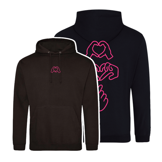 black hoodie with Millennial hand graphics, neon pink puff line-art print , relaxed fit, streetwear vibe