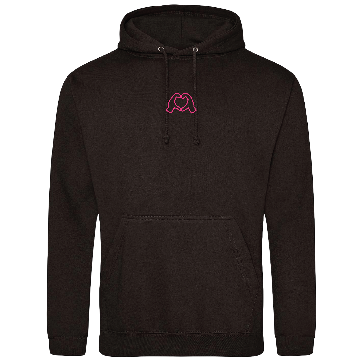 black hoodie with Millennial hand graphics, neon pink puff line-art print , relaxed fit, streetwear vibe