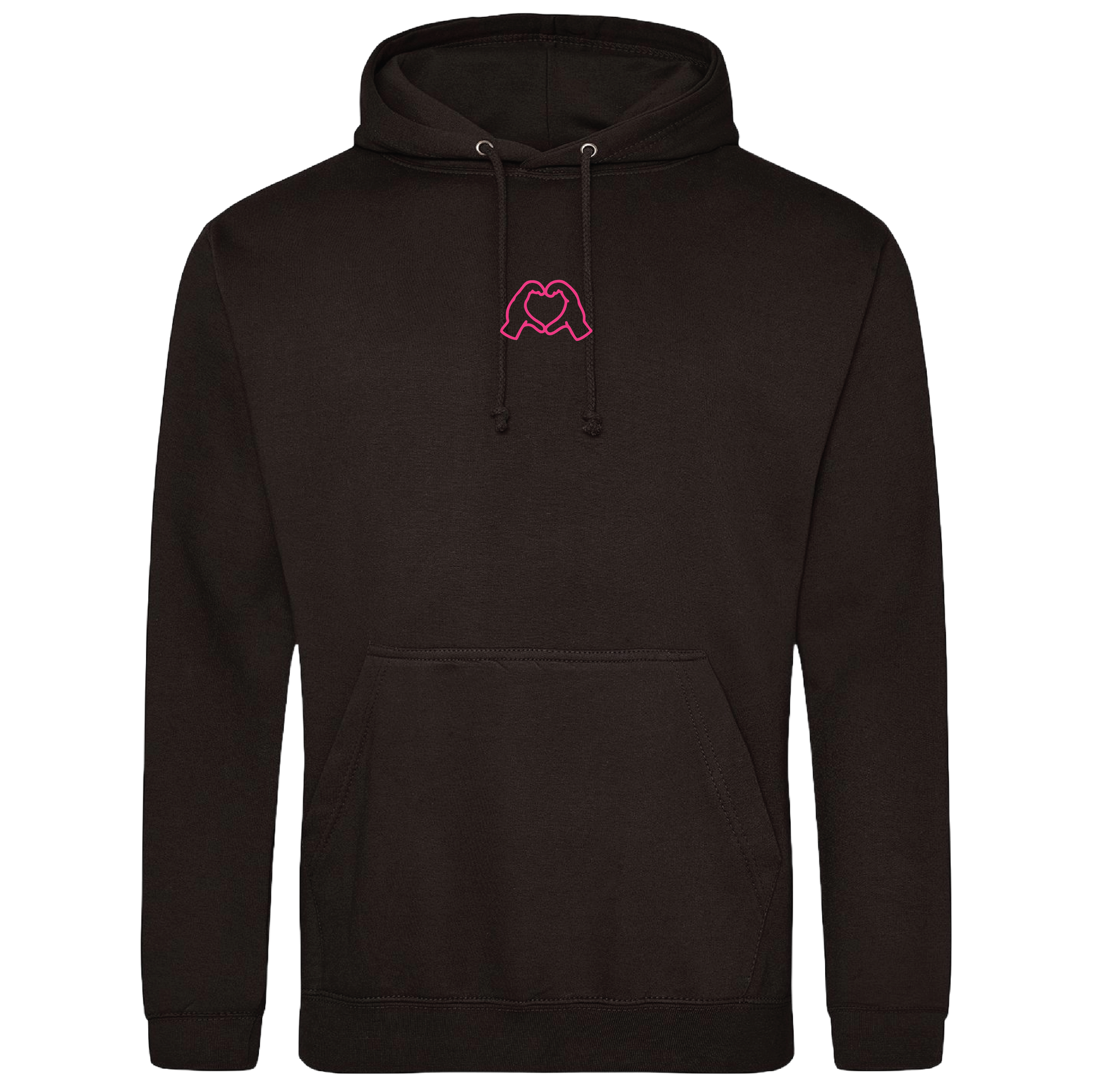 black hoodie with Millennial hand graphics, neon pink puff line-art print , relaxed fit, streetwear vibe