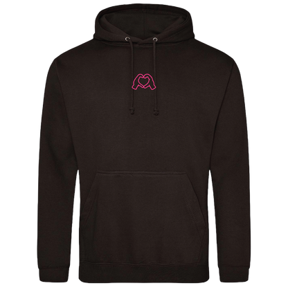 black hoodie with Millennial hand graphics, neon pink puff line-art print , relaxed fit, streetwear vibe