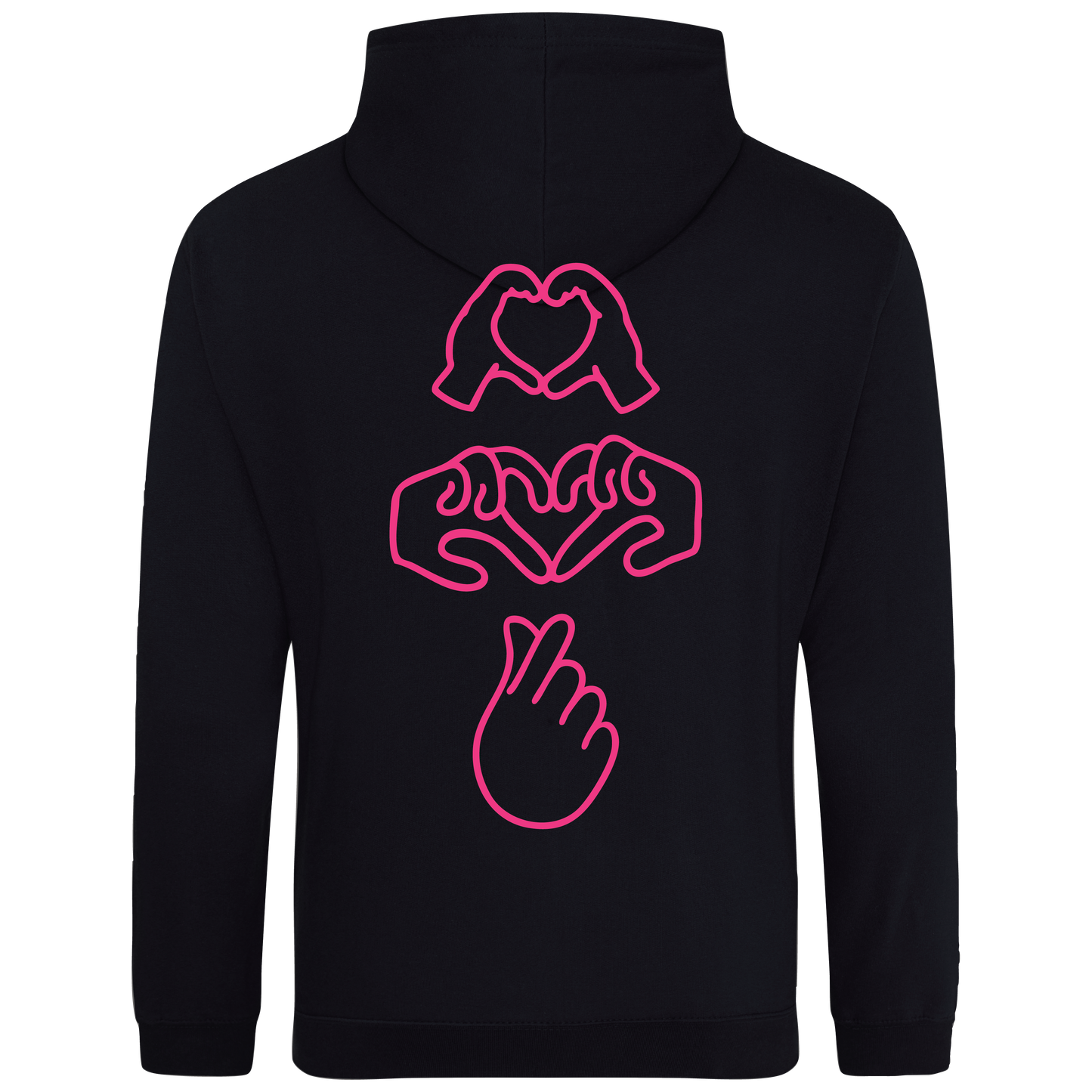 black hoodie with Millennial hand graphics, neon pink puff line-art print , relaxed fit, streetwear vibe