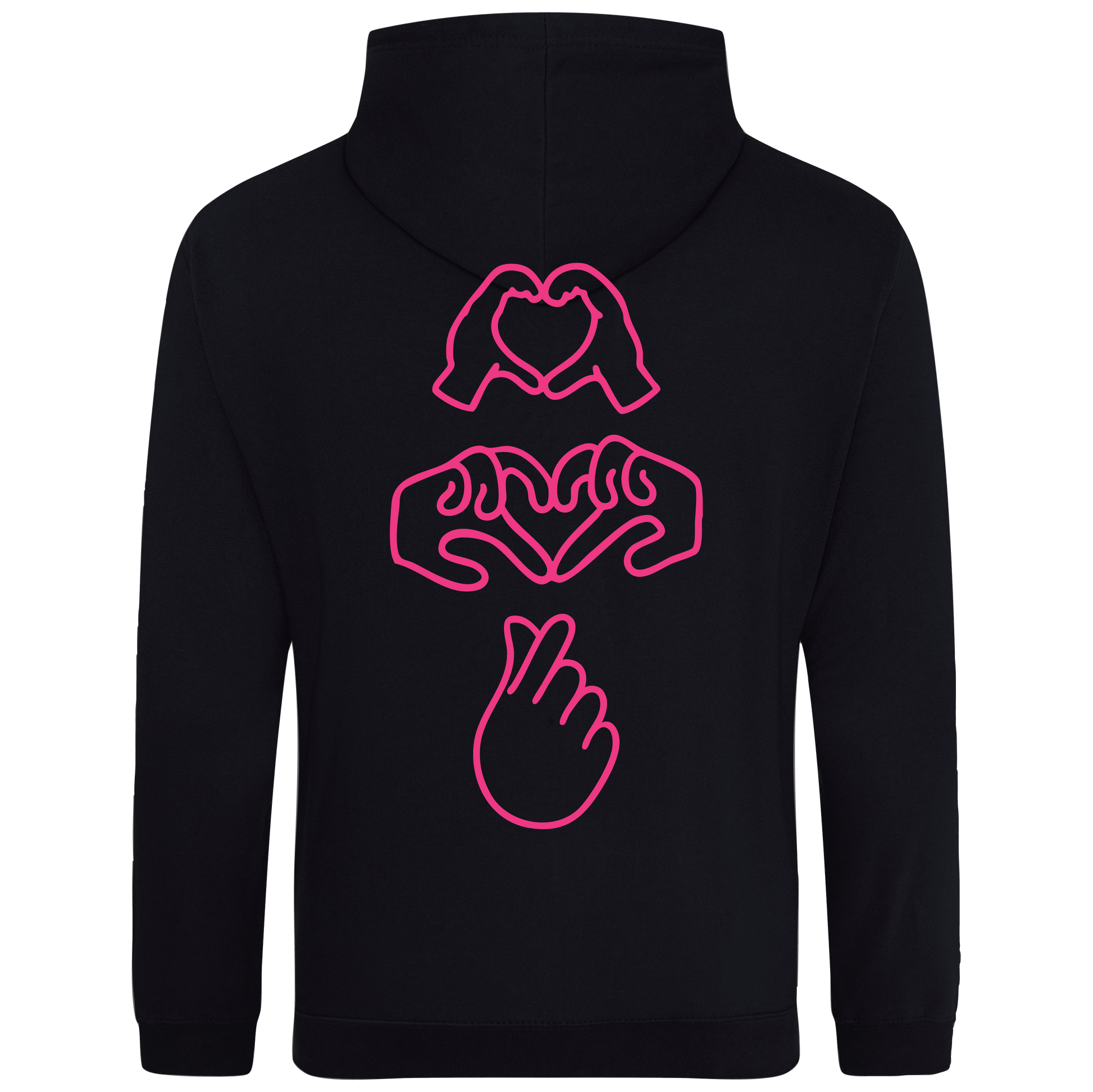 black hoodie with Millennial hand graphics, neon pink puff line-art print , relaxed fit, streetwear vibe