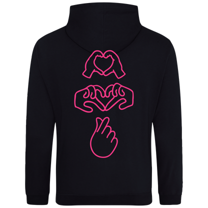 black hoodie with Millennial hand graphics, neon pink puff line-art print , relaxed fit, streetwear vibe