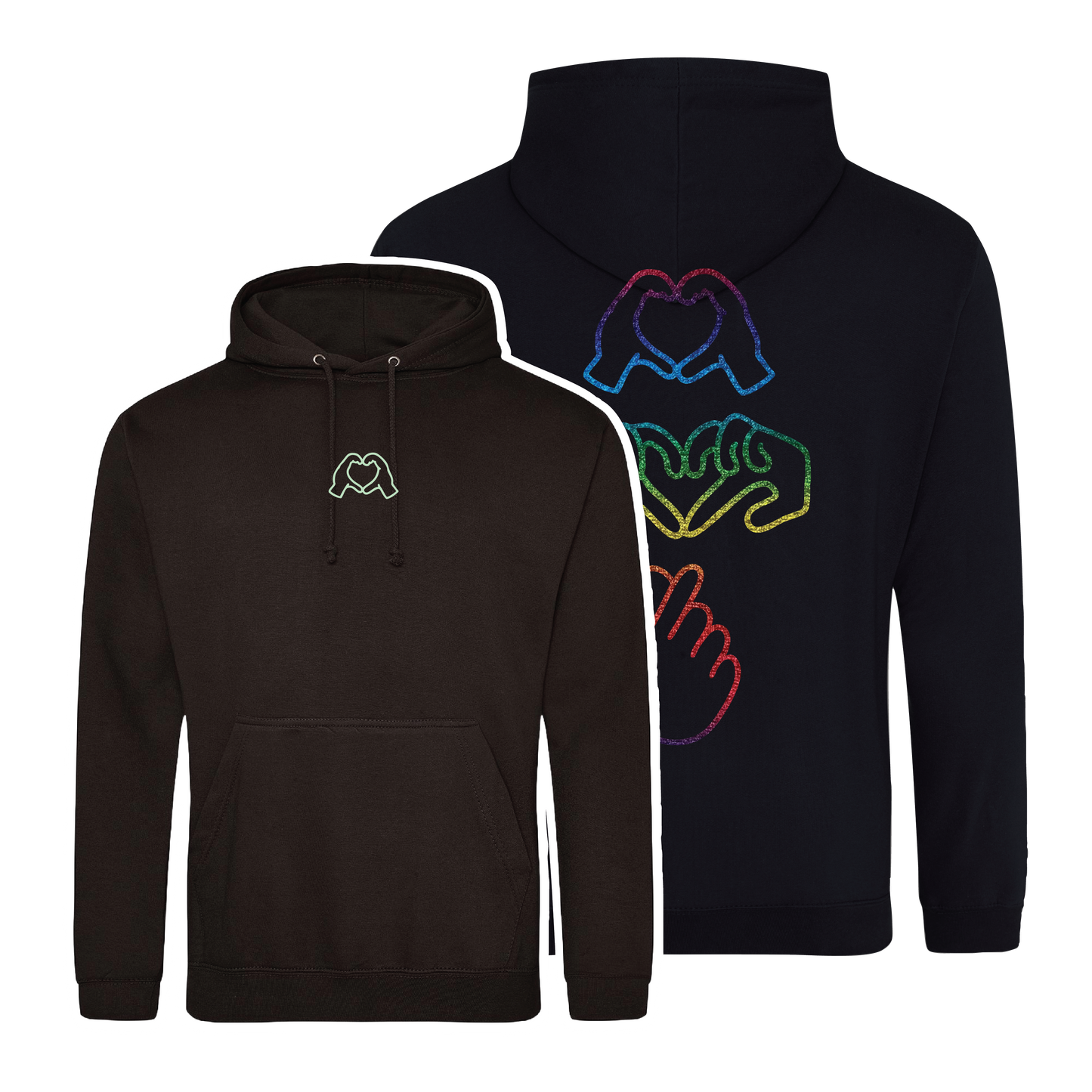 black hoodie with Millennial hand graphics, glow in the  dark front embroidery and rainbow foil back, relaxed fit, streetwear vibe