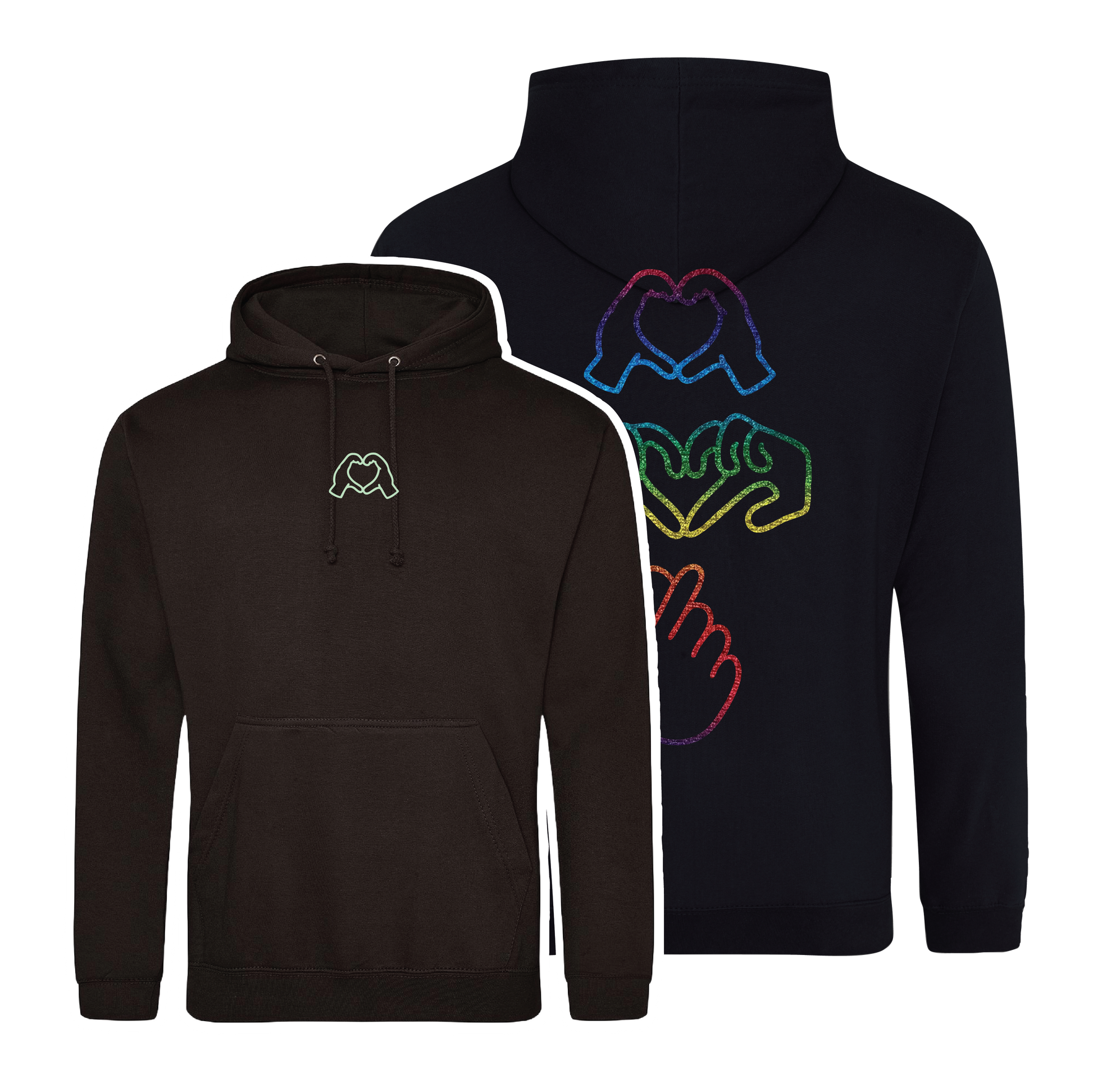black hoodie with Millennial hand graphics, glow in the  dark front embroidery and rainbow foil back, relaxed fit, streetwear vibe