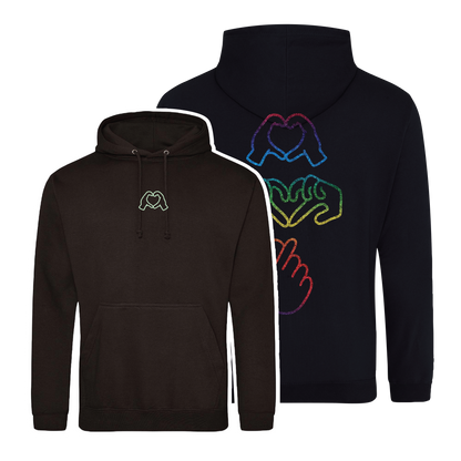 black hoodie with Millennial hand graphics, glow in the  dark front embroidery and rainbow foil back, relaxed fit, streetwear vibe