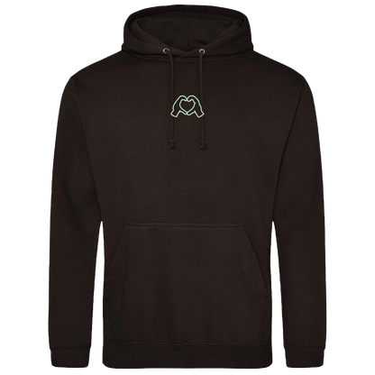 black hoodie with Millennial hand graphics, glow in the  dark front embroidery and rainbow foil back, relaxed fit, streetwear vibe
