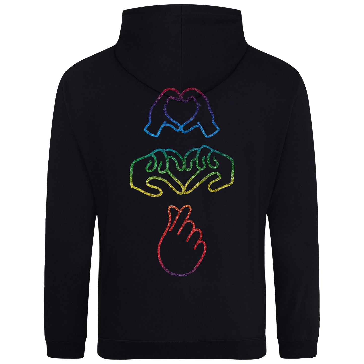 black hoodie with Millennial hand graphics, glow in the  dark front embroidery and rainbow foil back, relaxed fit, streetwear vibe