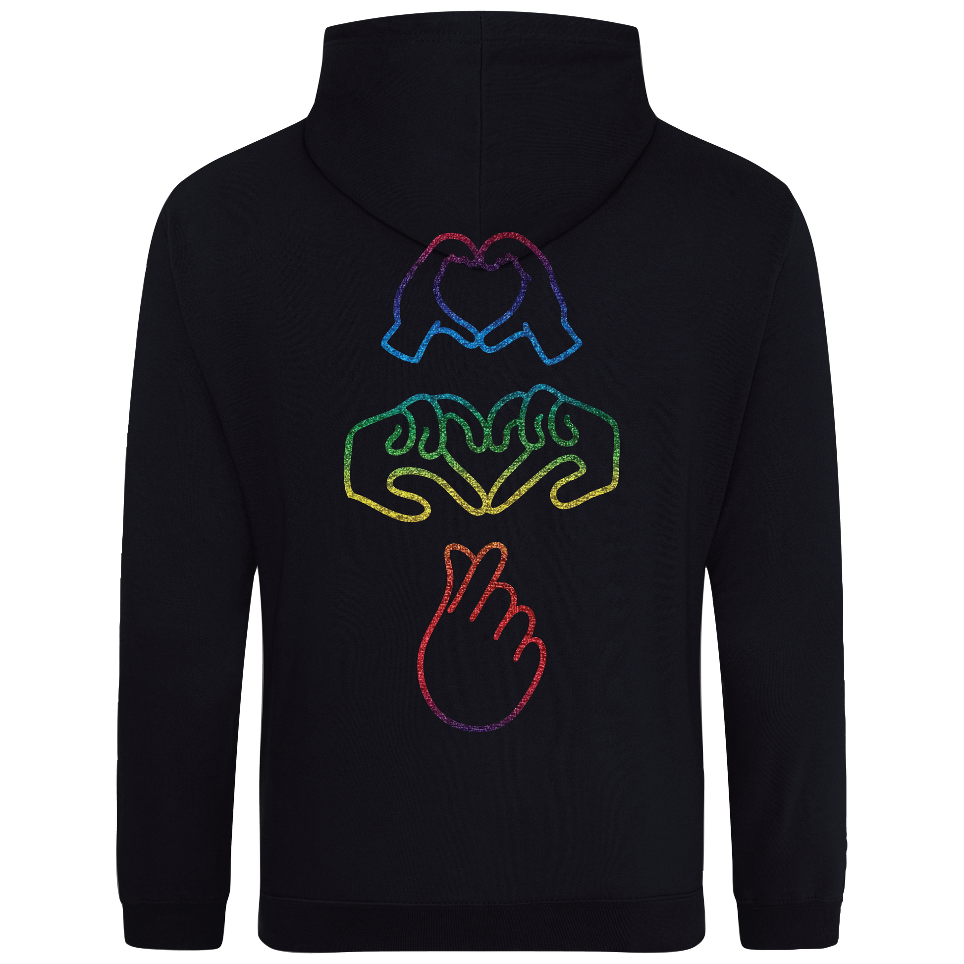 black hoodie with Millennial hand graphics, glow in the  dark front embroidery and rainbow foil back, relaxed fit, streetwear vibe