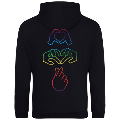 black hoodie with Millennial hand graphics, glow in the  dark front embroidery and rainbow foil back, relaxed fit, streetwear vibe