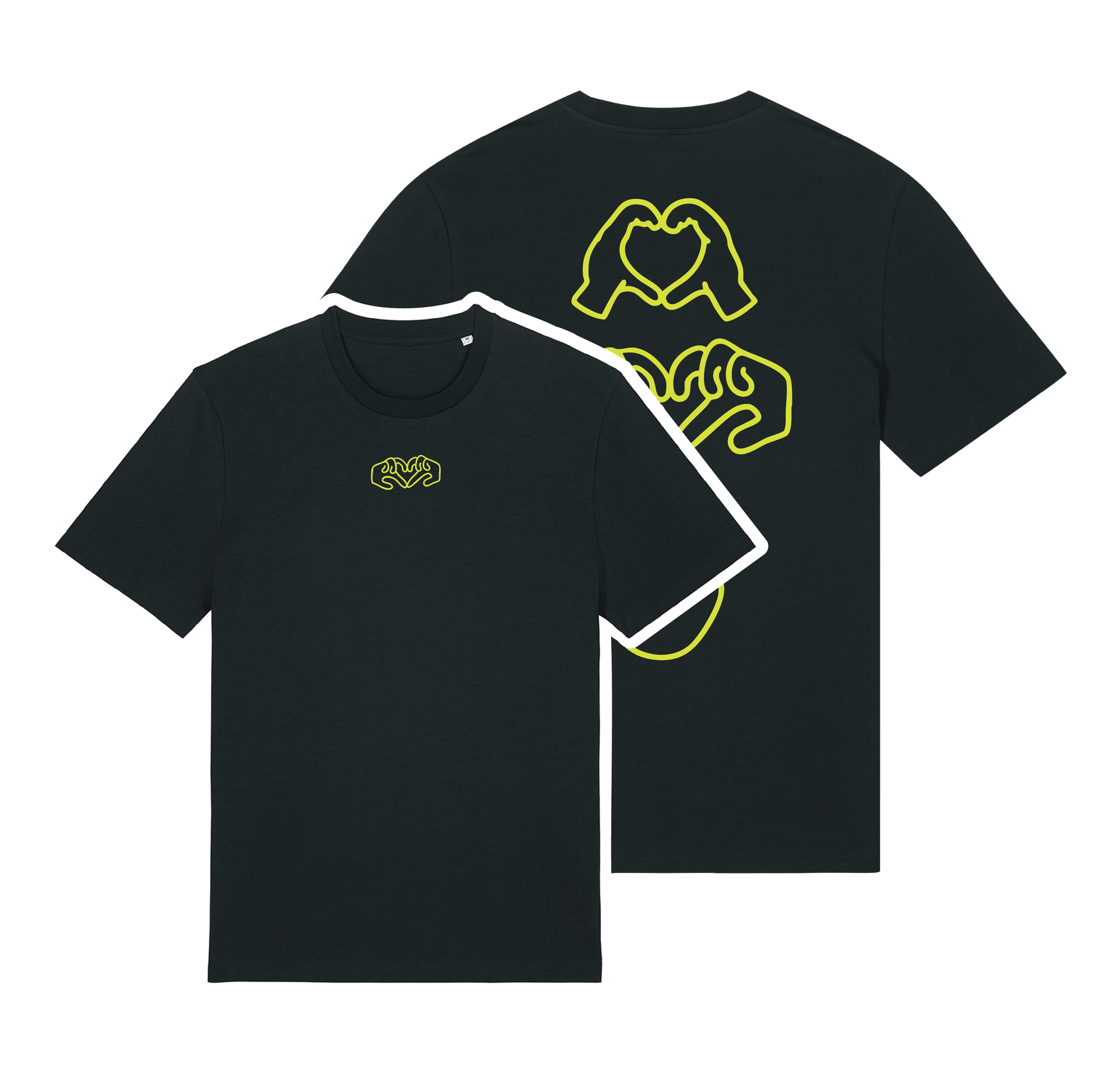 Black t-shirt with dual Gen Z line-art hand graphics with a neon yellow puff print, soft cotton unisex fit