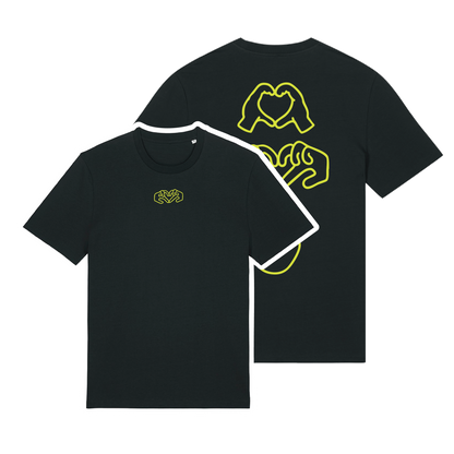 Black t-shirt with dual Gen Z line-art hand graphics with a neon yellow puff print, soft cotton unisex fit