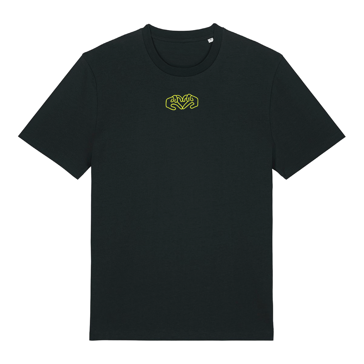 Black t-shirt with dual Gen Z line-art hand graphics with a neon yellow puff print, soft cotton unisex fit