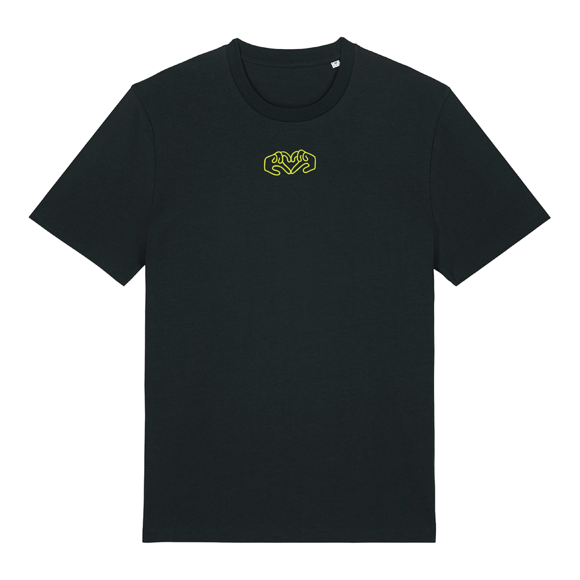 Black t-shirt with dual Gen Z line-art hand graphics with a neon yellow puff print, soft cotton unisex fit