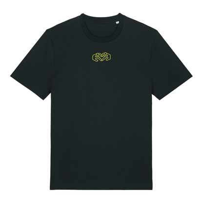 Black t-shirt with dual Gen Z line-art hand graphics with a neon yellow puff print, soft cotton unisex fit