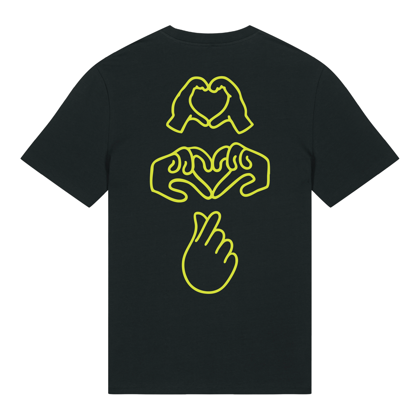 Black t-shirt with dual Gen Z line-art hand graphics with a neon yellow puff print, soft cotton unisex fit