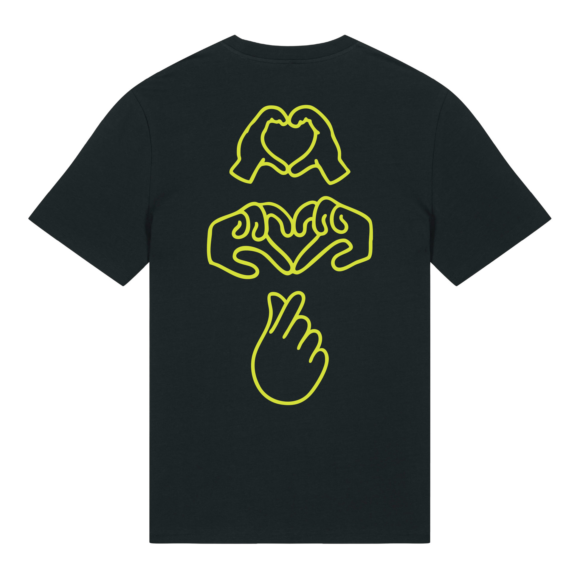 Black t-shirt with dual Gen Z line-art hand graphics with a neon yellow puff print, soft cotton unisex fit
