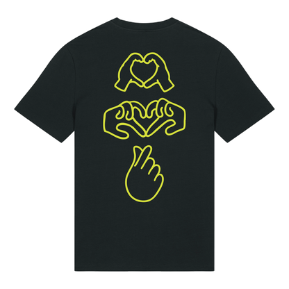 Black t-shirt with dual Gen Z line-art hand graphics with a neon yellow puff print, soft cotton unisex fit